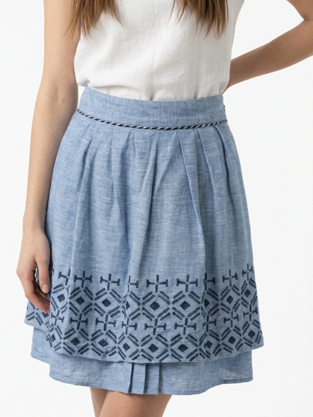 Anthropologie ODILLE Skirt Alpine Dreams Embroidered Chambray Tiered Pleated 4